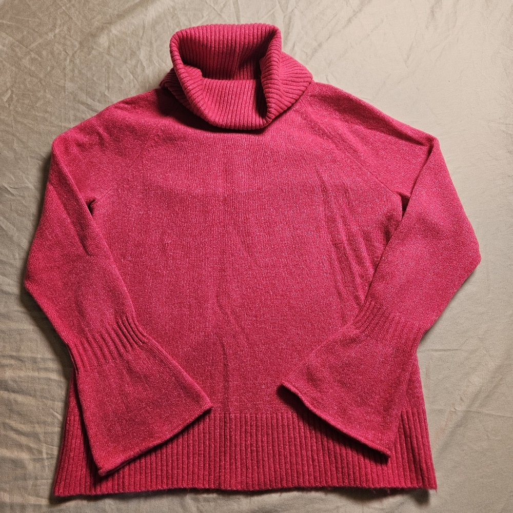 LOFT Women’s Small Pink Turtleneck Sweater Ribbed Knit Flared Bell Sleeve